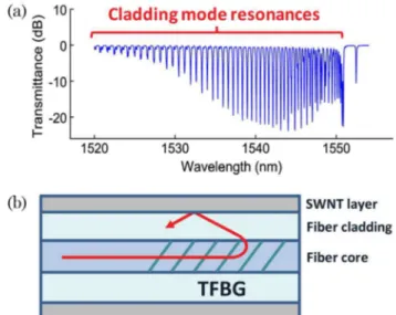 Fig. 1. (Color online) (a) Measured linear transmission re- re-sponse of a 4 deg tilted fiber Bragg grating