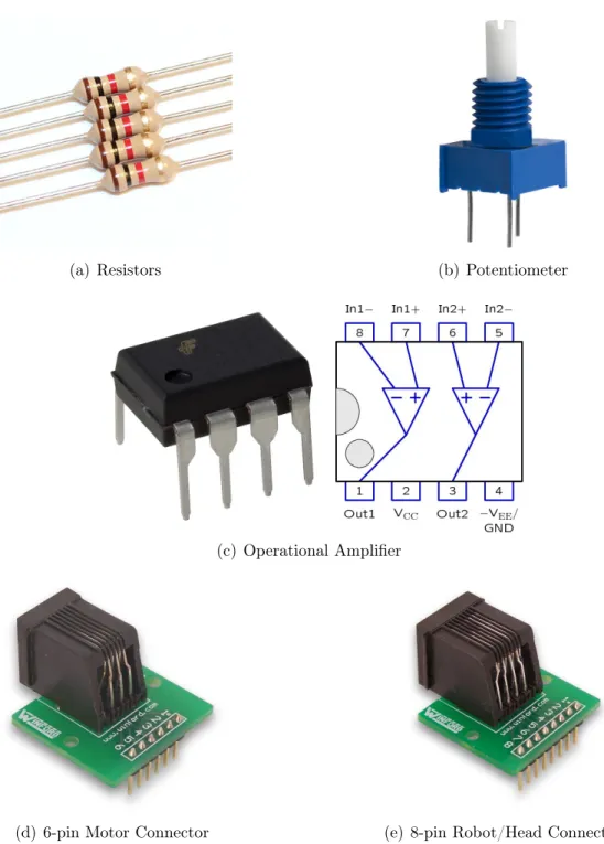 Figure 2-2: All circuit pieces used in 6.01 that may be inserted into a protoboard.
