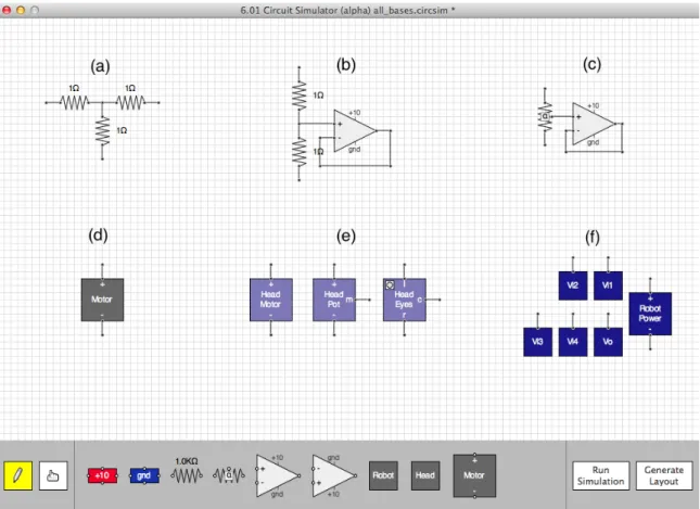 Figure 3-5: Bases for the random schematic generation scheme: (a) three resistors arranged in a T-shaped configuration; (b) two resistors in series connected to a  fol-lower op-amp configuration; (c) pot connected to a folfol-lower op-amp configuration;