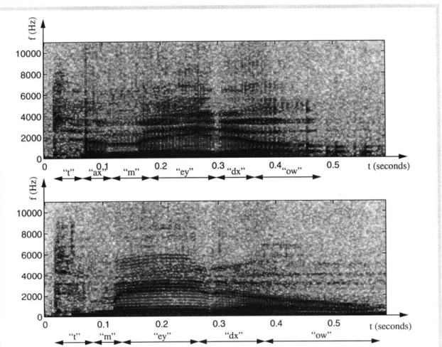 Figure  1.1:  Spectrograms  and phonetic transcriptions  of two  different  speakers saying  the  word  &#34;tomato.&#34;  (See  Appendix  A.2  for  definitions  of  the  phones used  in these  transcriptions)