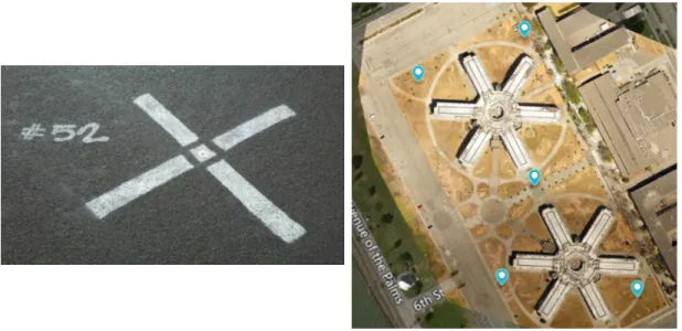 Figure 1-1: Example of a GCP (left) and GCPs labeled in an aerial image (right) [4].