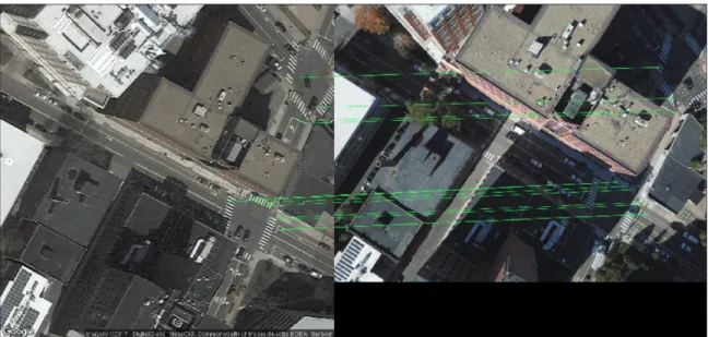Figure 2-1: Example of feature matching between a satellite image (left) and UAV image (right) of the same area.