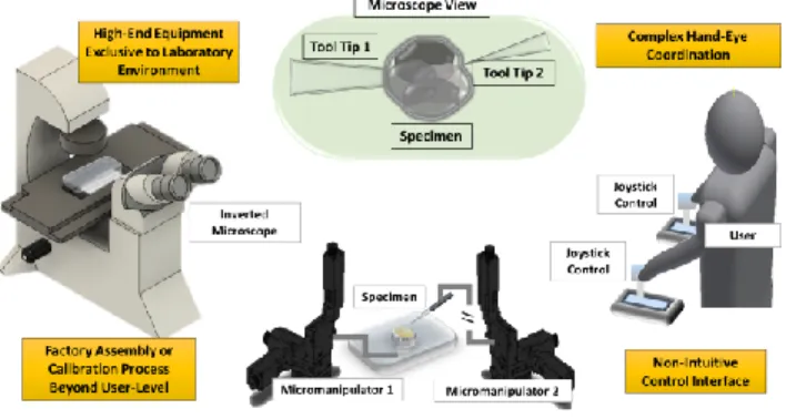 Fig. 1. Setup of a typical micromanipulation application illustrating the  limitations and challenges in current practice 