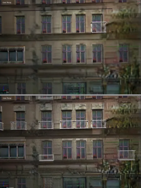 Figure 3-7: Two versions of generated textures for the same building, one with normal resolution and one with super resolution