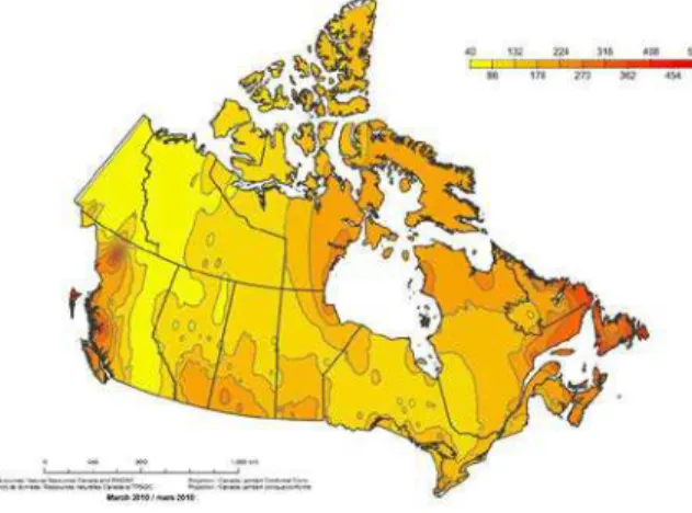 Figure 4. Canadian design data for driving rain wind pressure - 5 year return period (Pa) 