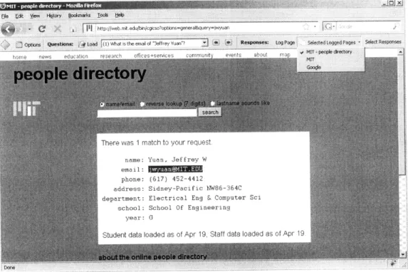 Figure 4-3:  In this  example, the user is researching  the  question  "What is the email ad- ad-dress of Jeffrey Yuan",  as  can  be seen  in section 2  of the toolbar
