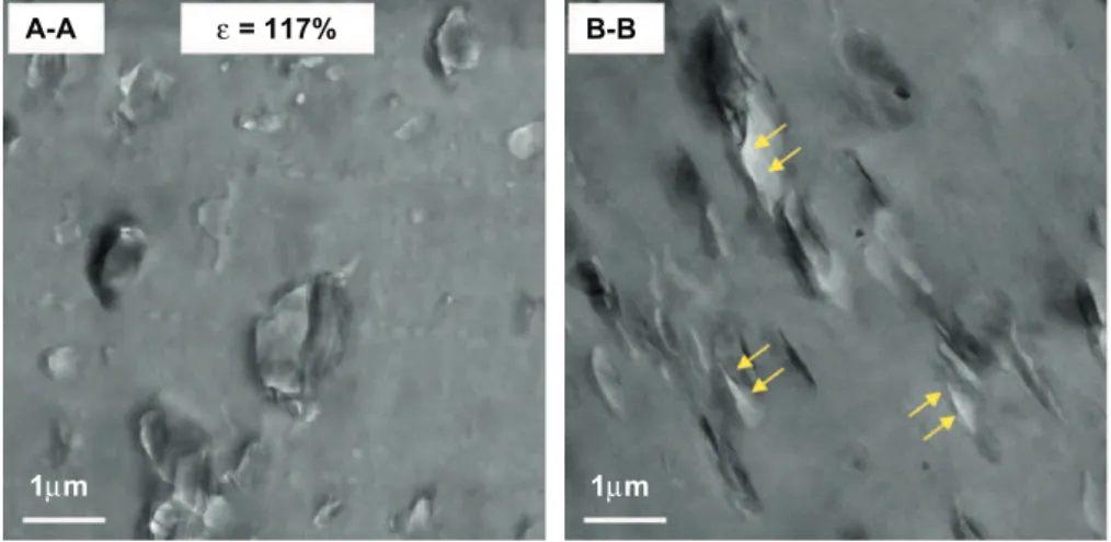 Fig. 11. TEM images of PNC5(LDPE) drawn at 50 mm/min (bulk material). Some micro-cracks are indicated by arrows.