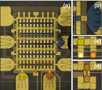 Figure 3: (a) Top view of an advanced EWOD-based digital  microfluidic device. The 560 EWOD electrodes of the device  control (b) 8 reservoirs, (c) 100 analysis spots, and (d)  multiple regions for mixing, storing and splitting droplets