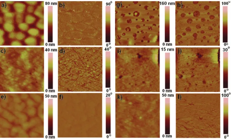 Figure 9. AFM topography ( ﬁ rst and third column) and phase (second and forth column) images of the active layer in devices D6 (a,b), D2 (c,d), D7 (e,f), D8 (g,h,i,j), D9 (k,l)