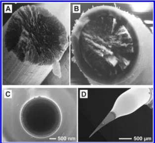 Figure 1. SEM images of the tips of A) bare and B) insulated carbon ﬁ bers that are 10 μm in diameter