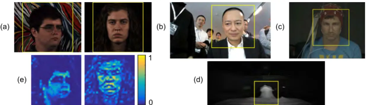 Figure 2-19: Example frames from the four datasets: (a) RGB Video I, (b) RGB Video II, (c) MAHNOB-HCI, (d) Infrared Video