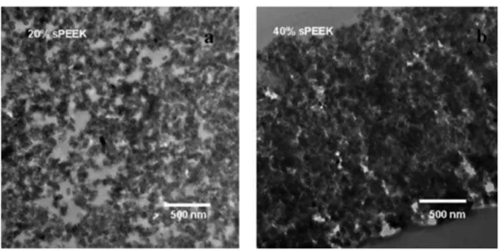 Fig. 4 Scanning transmission electron microscope (STEM) images of sulfonated polyether (SPE)-based catalyst layers (SPE IEC ¼ 1.61 meq g 1 ) for different SPE/carbon mass ratios