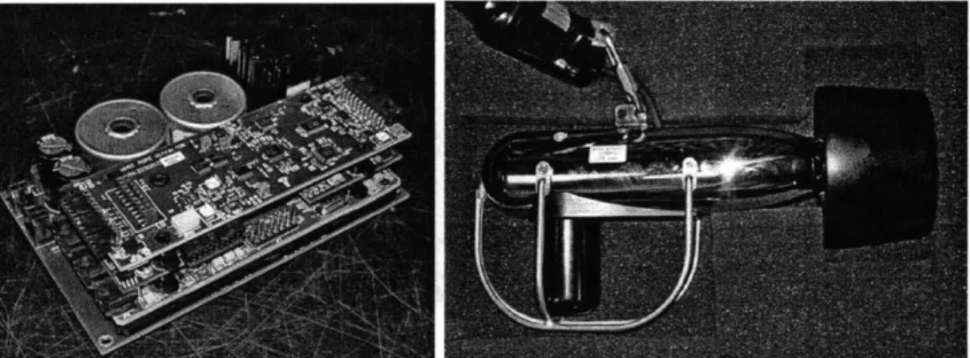 Figure  3-4:  Micro-modem  Multi-Channel  PSK  Stack with  Power  Amplifier  (left)  and 25kHz  Omnidirectional  Transducer  Towfish  (right)  Source:  http://acomms.whoi.