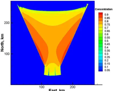 Figure 11: Distributions of ice concentration, and pressure after 4.5 days from the  start of the simulation, case of continuous ice cover with tensile strength Pt/Pc= 0.1