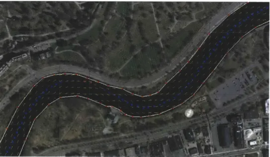 Figure  3-5:  Simulation  of  ARE  in  thalweg-following  behavior.  Yellow  arrows  show local  water  currents