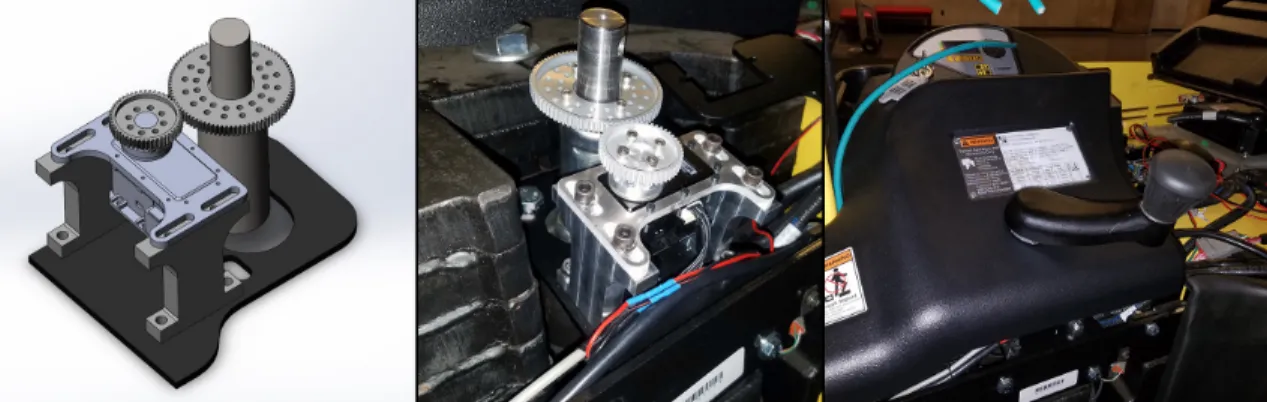 Figure 2-1: Servo-drive steering modifications. Left: CAD assembly. Center: servo assembly installed on vehicle