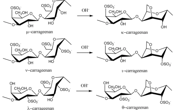 Figure 1. Repeating disaccharide units of different types of carrageenan and their  transformation by treatment with alkali