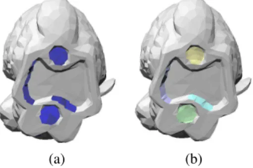 Fig. 4. Stanford bunny model filled by minimizing E L . (a): Four of the holes in the bunny model