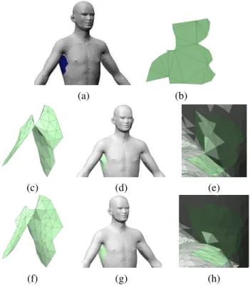 Fig. 5. Armpit model. (a): Hole in the armpit of a human model. (b): Unfolded mesh. (c)-(e): Final embedded mesh obtained by minimizing E L 
