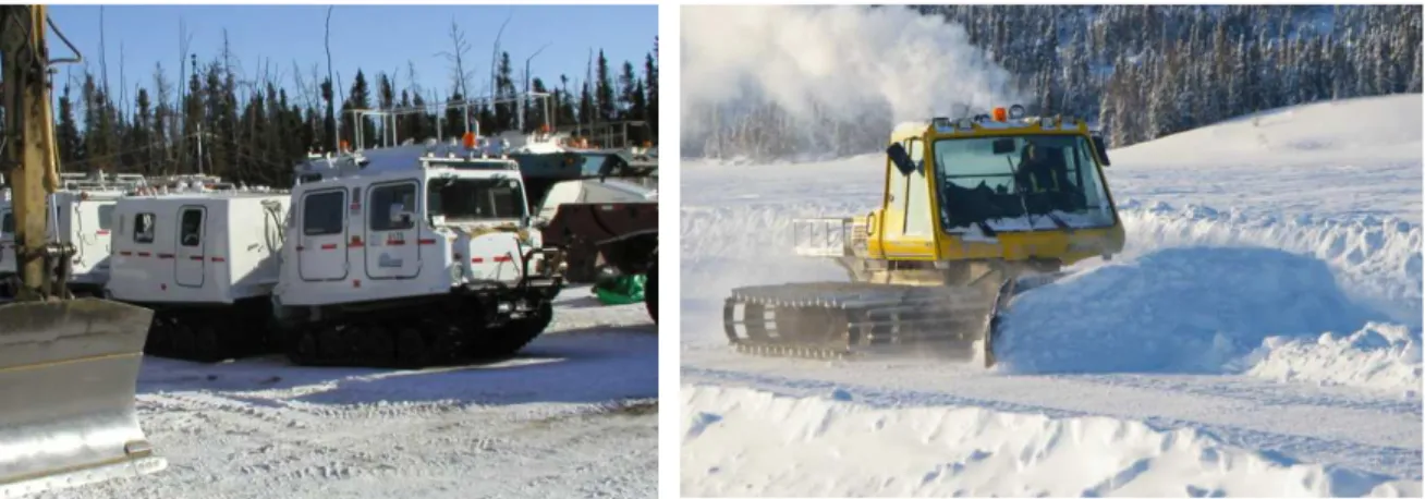 Figure 2: A Hagglund (left) and a Snow Cat (right), two light vehicles used in the initial  stages of road construction to clear the ice