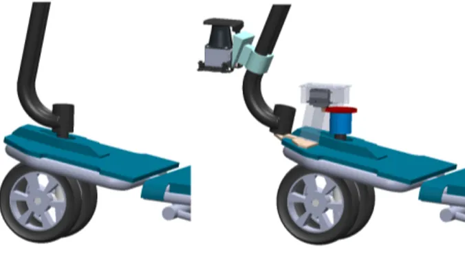 Fig. 4. CAD drawings of the scooter’s original steering column assem- assem-bly(left), and the repositioned steering column with steering servo mounted (right)