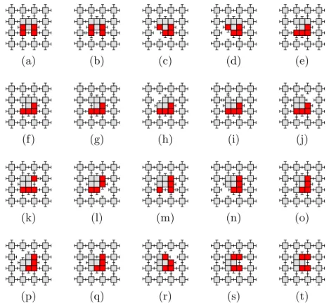 Figure 8: Details of the positioning step of the primitive operation Transfer(m, q). Before being sent to the lattice position of q, the module m is rotated within its lattice cell, in order to face q.