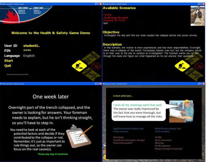 Fig. 3: From left to right, top to bottom, the login screen, the scenario selection screen, the splash page for a  loading scenario and the concluding screen for a game scenario