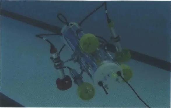 Figure  3-4:  AMOUR  VI  configured  with  5 thrusters  in  the  water.  This  configuration allows  the  robot  to  perform  yaw,  pitch,  roll,  surge  (forward/backward),  and  heave (up/down)  maneuvers