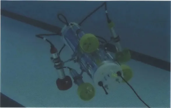 Figure  3-4:  AMOUR  VI  configured  with  5 thrusters  in  the  water.  This  configuration allows  the  robot  to  perform  yaw,  pitch,  roll,  surge  (forward/backward),  and  heave (up/down)  maneuvers