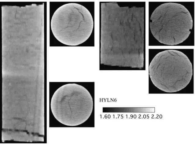 Fig. 7. X-ray CT scans of LN-frozen water-saturated sand samples. Left – Water-saturated sand frozen in LN