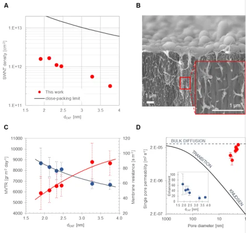 Figure 2. Unfunctionalized SWNT membranes. (A) Area number densities and average  nanotube diameters, d CNT , of the SWNT forests employed in membrane fabrication, and  comparison with the theoretical limit from close-packing (solid line) calculations [32]