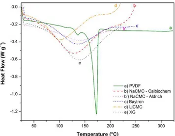 Fig. 4. DSC graph of PVDF, NaCMCs, LiCMC, Baytron and XG.