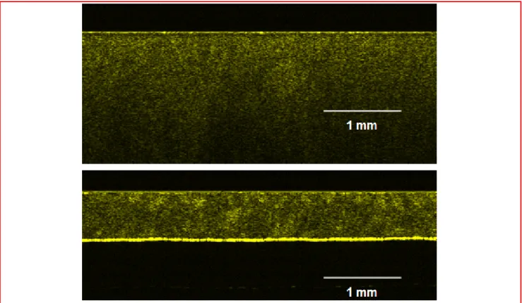 Fig. 3: Top: OCT image of a 4 mm thick sample. Bottom: OCT image of a 0.380 mm thick sample