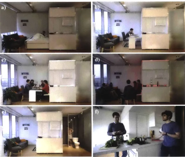 Figure 3: a)  Sleep  mode.  b) Work mode.  c)  Dining  mode.  d)  Lounging mode.  e)  Bathroom  mode
