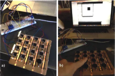 Figure  41:  a) One  tile with diodes  for ghosting  mitigation.  b) Sensor output visualized  in  Processing.