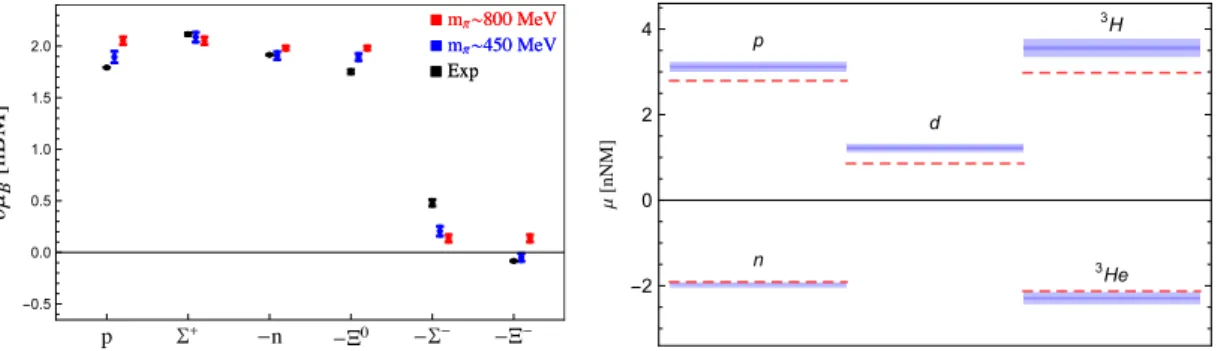 Figure 3: The anomalous magnetic moments of the lowest-lying octet of baryons [13] (left panel) in units of natural Baryon Magnetons, and the magnetic moments of the light nuclei in units of natural Nuclear Magnetons calculated at m π ∼ 805 MeV compared wi