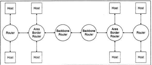 Figure  #2-6:  Schematic  diagram  showing different  router types  (local  subnet,  area border, and backbone  routers).