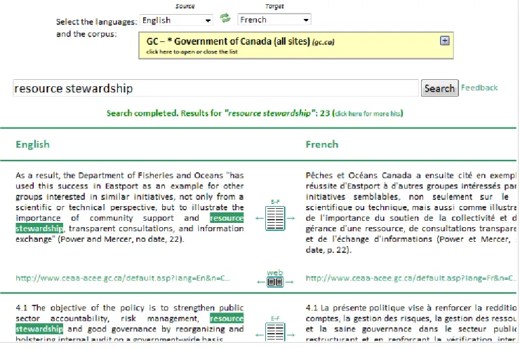 Figure   2   depicts   the   system's   main   screen.   The   user   starts   by  selecting   the   source   and   target   languages   (which   default   to  English-French, or to the last pair used) and then selects a web  domain from the lists of corpo