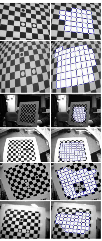 Fig. 9 Sample frames from the test sequences (left column) and grids found (right column)