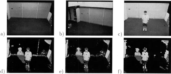 Figure  5-1:  Two  camera  background  subtraction.  a)  primary  camera  view  of  the empty  scene,  b)  auxiliary  camera  view  of  an  empty  scene,  c)  primary  camera  view with  a  person  in the  scene