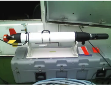 Fig. 2. The Iver2 AUV equipped with the YSI 6600 V2 sonde, Woods Hole Oceanographic Institute acoustic micromodem and a 16-element towed hydrophone array