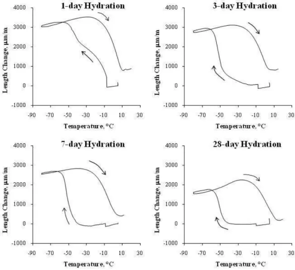 Fig. 4: Length change versus temperature for cement paste specimens of w/c ratio 0.40 at 1-day, 3- 3-day, 7-day and 28-day hydration 