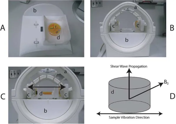 Figure 1: The pneumatic dual actuator set up. A) Removable sample holder with sam- sam-ple(d) shown on top of the coil-insert(b) with rollers to accommodate a left-right motion caused by the actuators