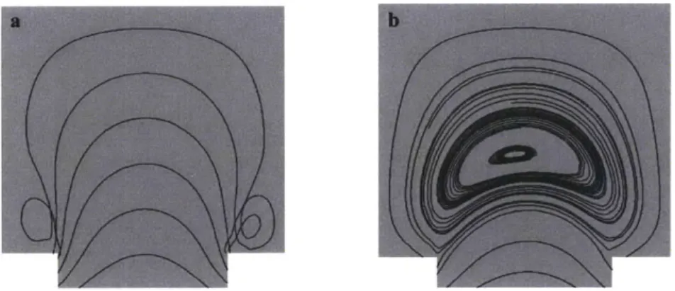 Figure  2-5.  Numerical  streamlines  for  UF =  21.4  [tm  s-1  and  two  different  depths:  (a) H =  70  gm;  (b)  H = 90 jm