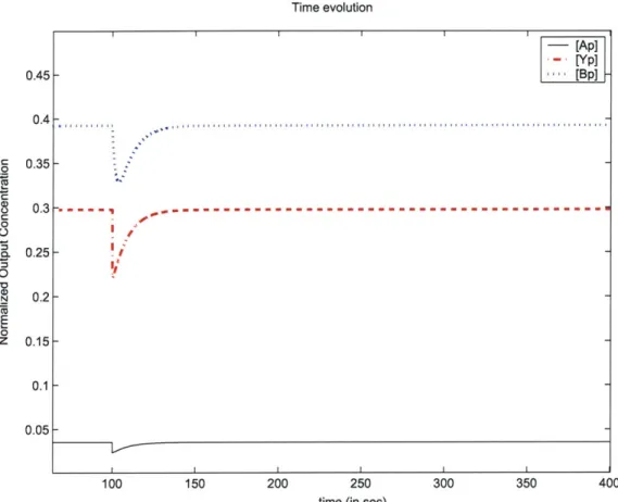 Figure  2-3:  Response  of  phosphorylated  state  probabilities to a  step  input,  the  attractant  concentration  changes  from