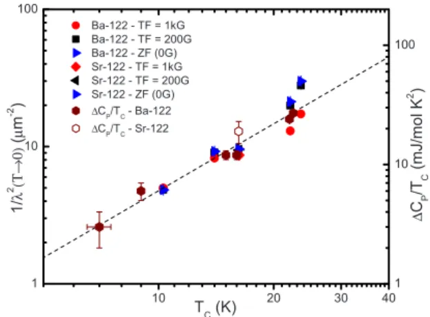 FIG. 4. 共Color online兲 Superconducting T C vs 1 / ␭ 2 共T → 0兲 for Ba共Fe 1−x Co x 兲 2 As 2 and Sr共Fe 1−x Co x 兲 2 As 2 as a function of Co  con-centration x, measured in TF= 0.02 T and 0.1 T and extrapolated to B = 0