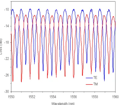 Fig.  7.  MZI  spectral  transmittance. MZI  with  a  Si  wire  waveguide  reference  arm  and  a 1000  µm long SWG waveguide signal arm, for TE (blue) and TM (red) polarizations