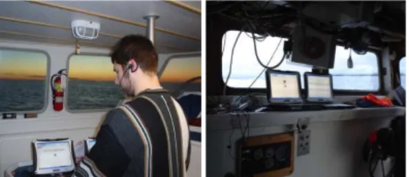 Figure 4: Toughbooks set up in situ within the cabins of  two different vessels; evaluator (left) demonstrates how  participants were positioned while performing the tasks
