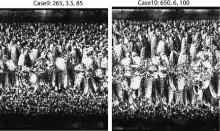 Figure 8 displays the morphology micrographs taken for case 9 (a centre point case) and case 10 (an extreme high injection speed case), in order to validate the above analysis