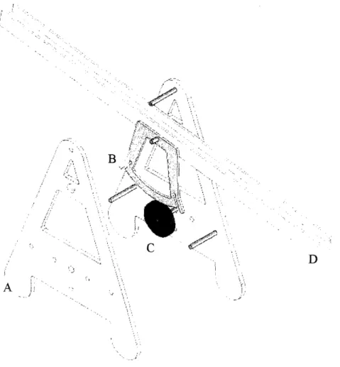 Figure  3.1.  Solid  Model  of  Apparatus.  The  primary  parts  of  the  structure  are  A) the Frame,  B)  the  Sector,  C)  the  Pulley,  and D)  the  Beam.